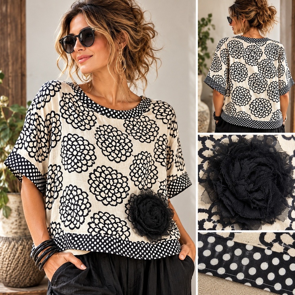 Dem Two Hands 100% Linen Artwear Floral Top OS Black White Polka Dot Rose USA